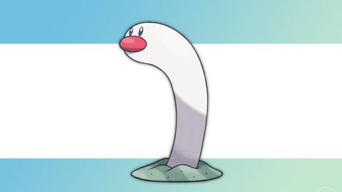 Wiglett, a white eel-like Pokémon with a red nose, on a blue and green gradient backround