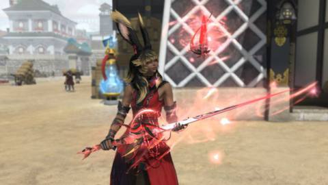 A Viera in red holds up a completed FFXIV Eureka rapier weapon
