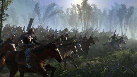An army of soldiers on horseback holding banners and swords charging through a forested plain.