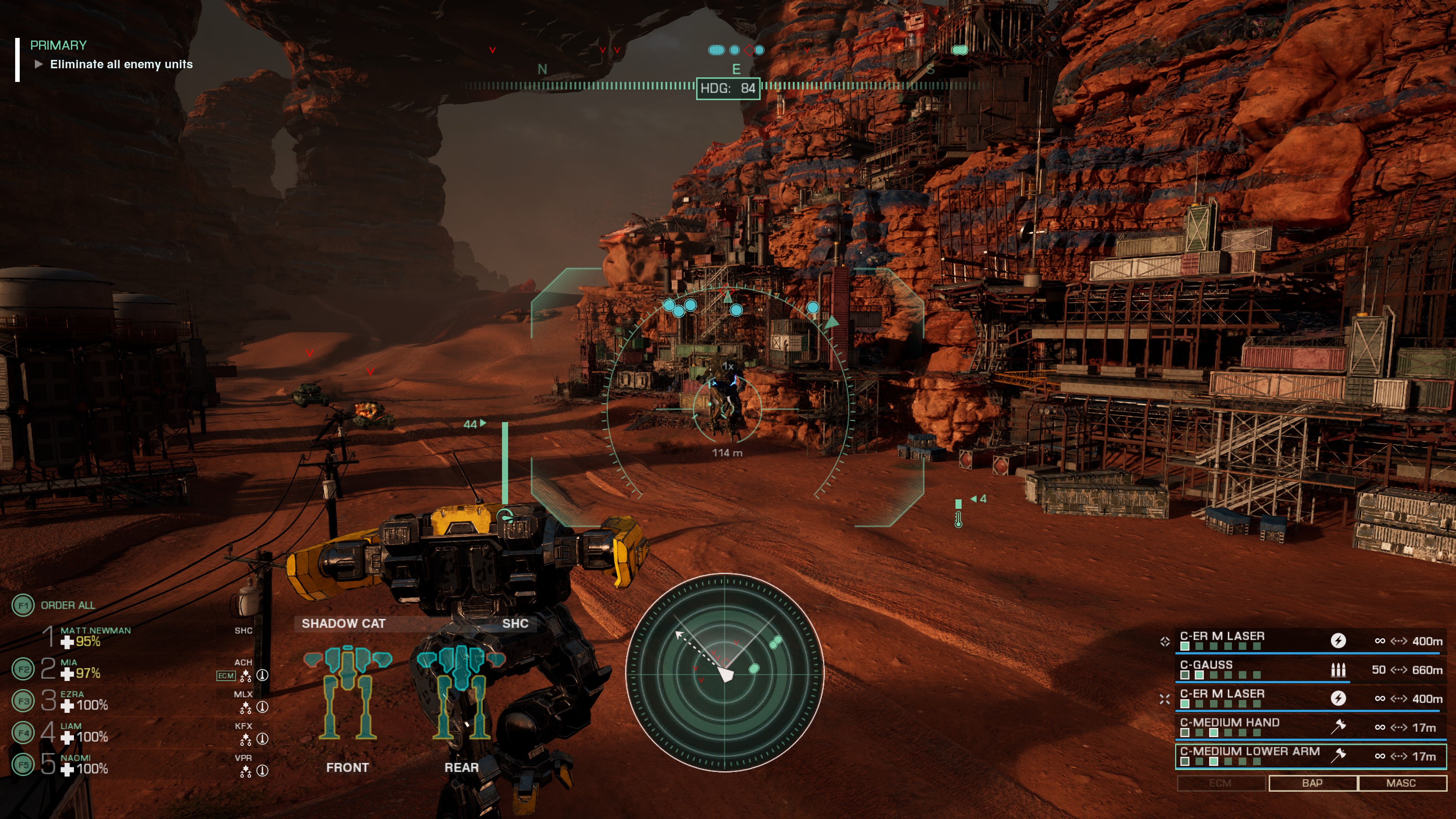 third person view attacking base in MechWarrior 5