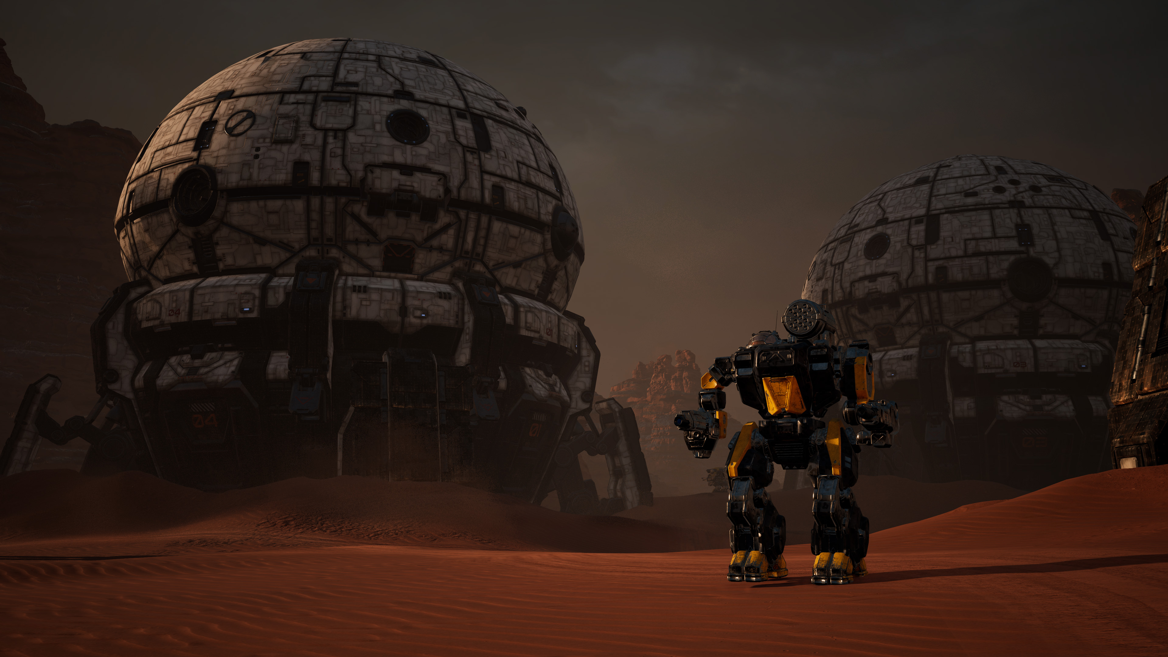 Mech dwarfed by towering cliff walls