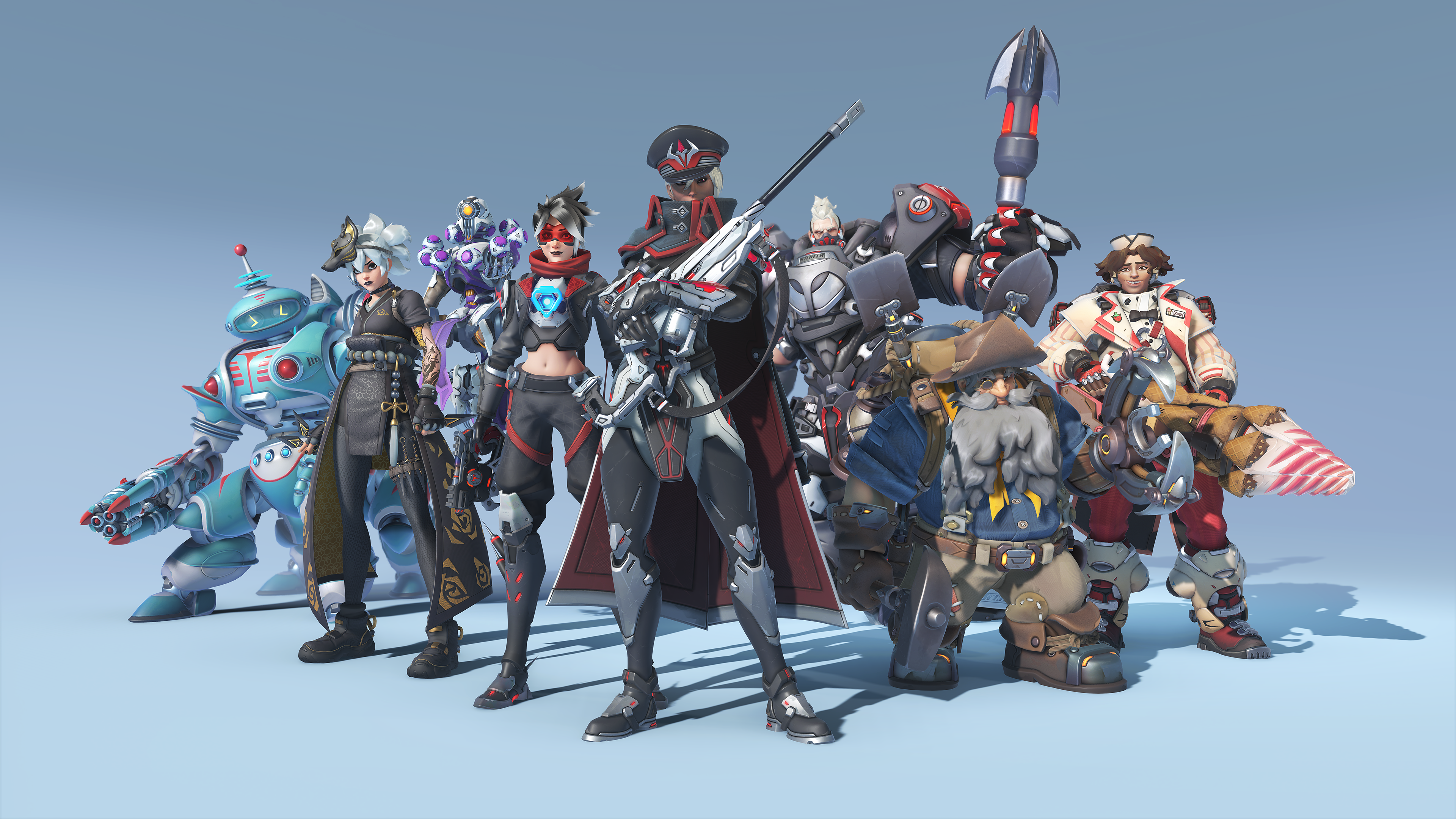 Several Overwatch 2 heroes wearing Talon skins with a light blue background