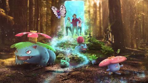 Going clockwise — Kanto Pokémon Venusaur, Bulbasaur, Ivysaur, Vileplume, and Butterfree standing in front of trailers emerging from a portal in the woods