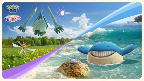 A splash image of Wailmer, Wimpod, Celesteela, and Kartana in Pokémon Go