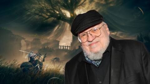 George RR Martin in a black outfit standing in front of an Elden Ring image that shows the Erdtree.