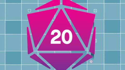 The Roll20 logo, a d20 die, on top of a RPG board illustration