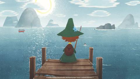 Snufkin, wearing a green cape and hat, sitting at a pier fishing in Snufkin: Melody of Moominvalley