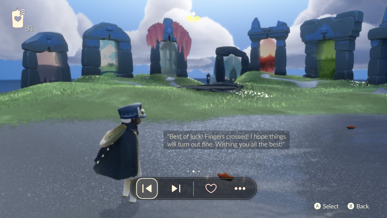 Sky: Children of the Light - a player stands in a grassy hub and reads a message left by another that says 
