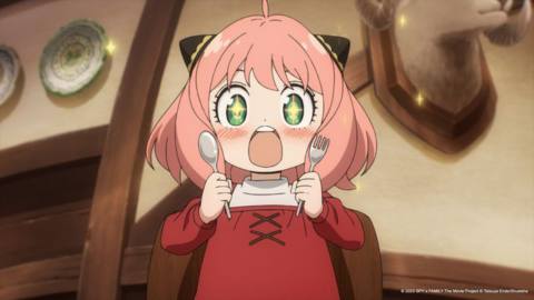 Anya Forger, a pink-haired child, about to eat a delicious meal. She looks incredibly jazzed. 