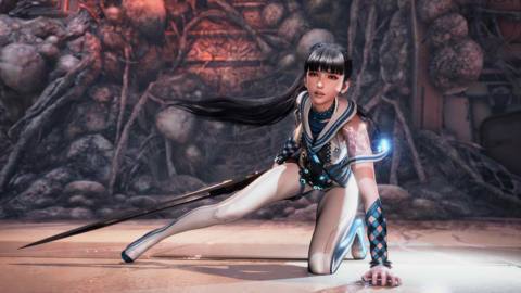 Eve, the protagonist of Stellar Blade, strikes a superheroic pose in a white vinyl jumpsuit, her long metal sword at her side and her long black ponytail swinging behind her