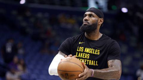 LeBron James #23 of the Los Angeles Lakers warms up prior to a game against the New Orleans Pelicans at Smoothie King Center on April 14, 2024 in New Orleans, Louisiana.
