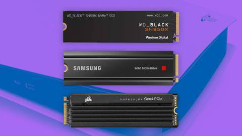 An illustration containing three M.2 SSDs: the WD_Black SN850X, Samsung’s 980 Pro, and the Corsair MP600 Pro LPX. Behind them is the PS5 console.