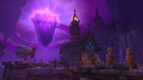 World of Warcraft The War Within screenshot of a purple crystal far above ground shining down on a small building
