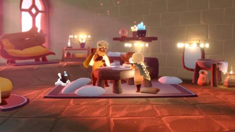 Sky: Children of the Light - two players in a small cozy stone home drink tea together
