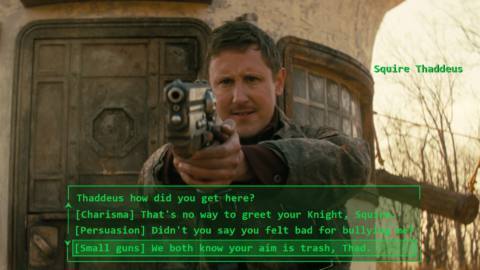 Fallout TV series - squire thaddeus aims a pistol at the camera with fallout game style dialogue choices below