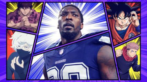A header image featuring a photo of DeMarcus Lawrence, surrounded by images of various anime characters.
