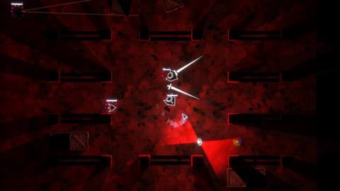 A battle against several enemies in a red-lit room in Void Sols.