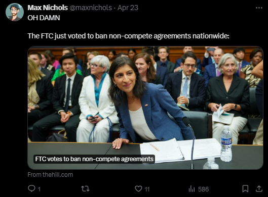 A post that reads: OH DAMN The FTC just voted to ban non-compete agreements nationwide: