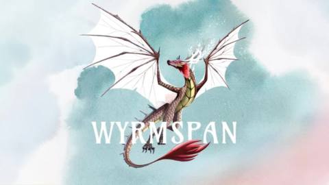 A wyrm takes flight in a watercolor image from the cover of Wyrmspan. It is red and gold, against a blue background.