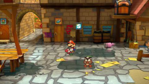 Mario rides a little red Yoshi in Paper Mario: The Thousand-Year Door