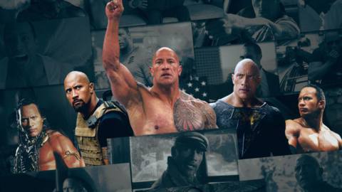 A collage of the many roles of Dwayne “The Rock” Johnson, from his early wrestling career, his current wrestling career, The Scorpion King, Fast Five, and Black Adam.