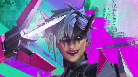 An image of Alter from Apex Legends. She has smeared eye makeup and pink and blue color scheme. 