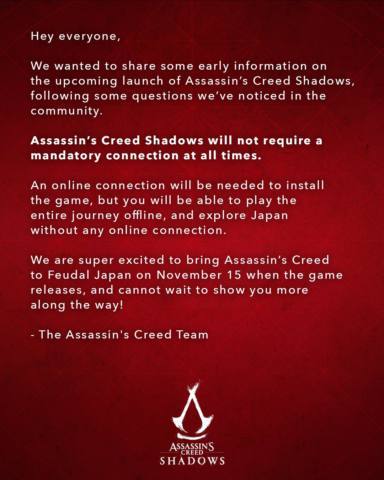 Assassin’s Creed Shadows does not need an internet connection to run: ‘You will be able to play the entire journey offline’