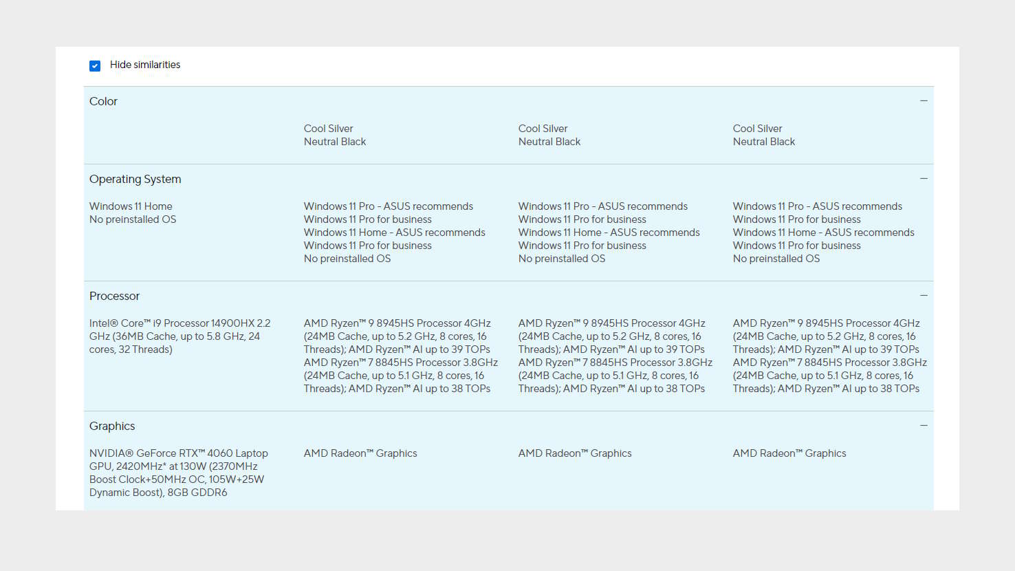 Asus product comparison page showing different AMD CPU nomenclature