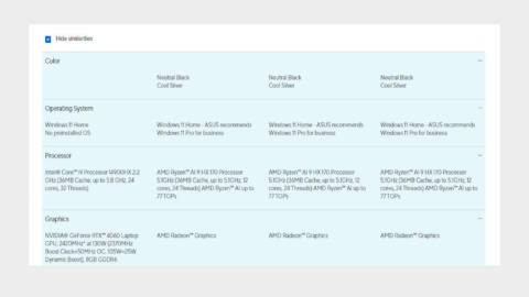 Asus product comparison page showing different AMD CPU nomenclature