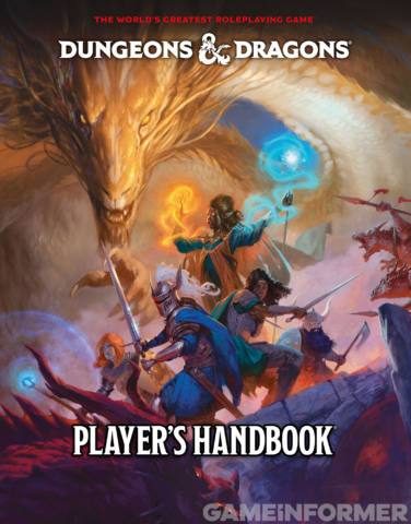 An image of the new Player's Handbook cover by Tyler Jacobson, showcasing a party of heroes doing battle with a looming gold dragon backing them up.