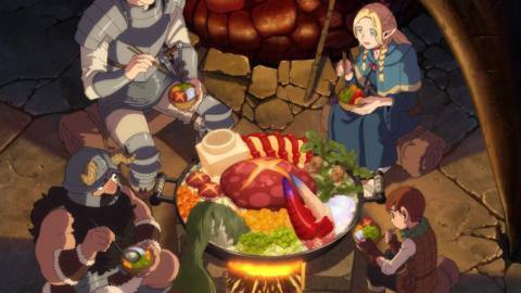 (L-R, Clockwise) Laois, Marcille, Chilchuck, and Senshi sitting around a boiling pot filled with food in a promotional image for Delicious in Dungeon.
