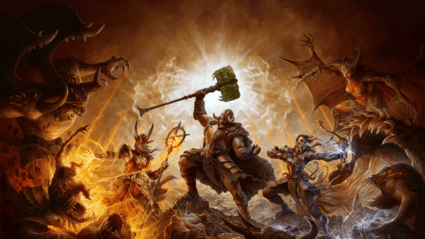 A warrior flanked by allies and surrounded by hordes of monsters holds up a massive hammer in artwork for Diablo 4 Season 4 Loot Reborn