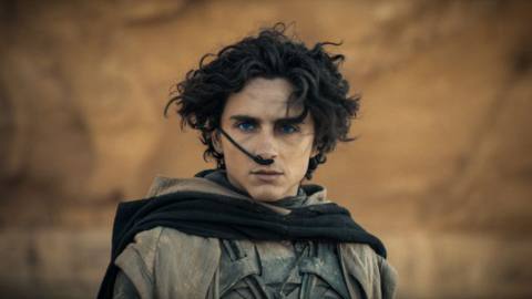 Timothee Chalamet stars at the camera in Fremen garb as Paul Atreides in Dune: Part Two.