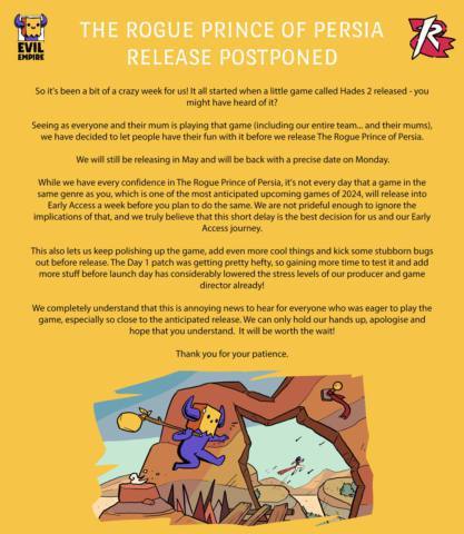 An announcement detailing the delay of The Rogue Prince of Persia.