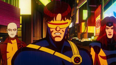 Cyclops looks at the camera in a badass way, flanked by Jean Grey and Morph, in X-Men ’97. 