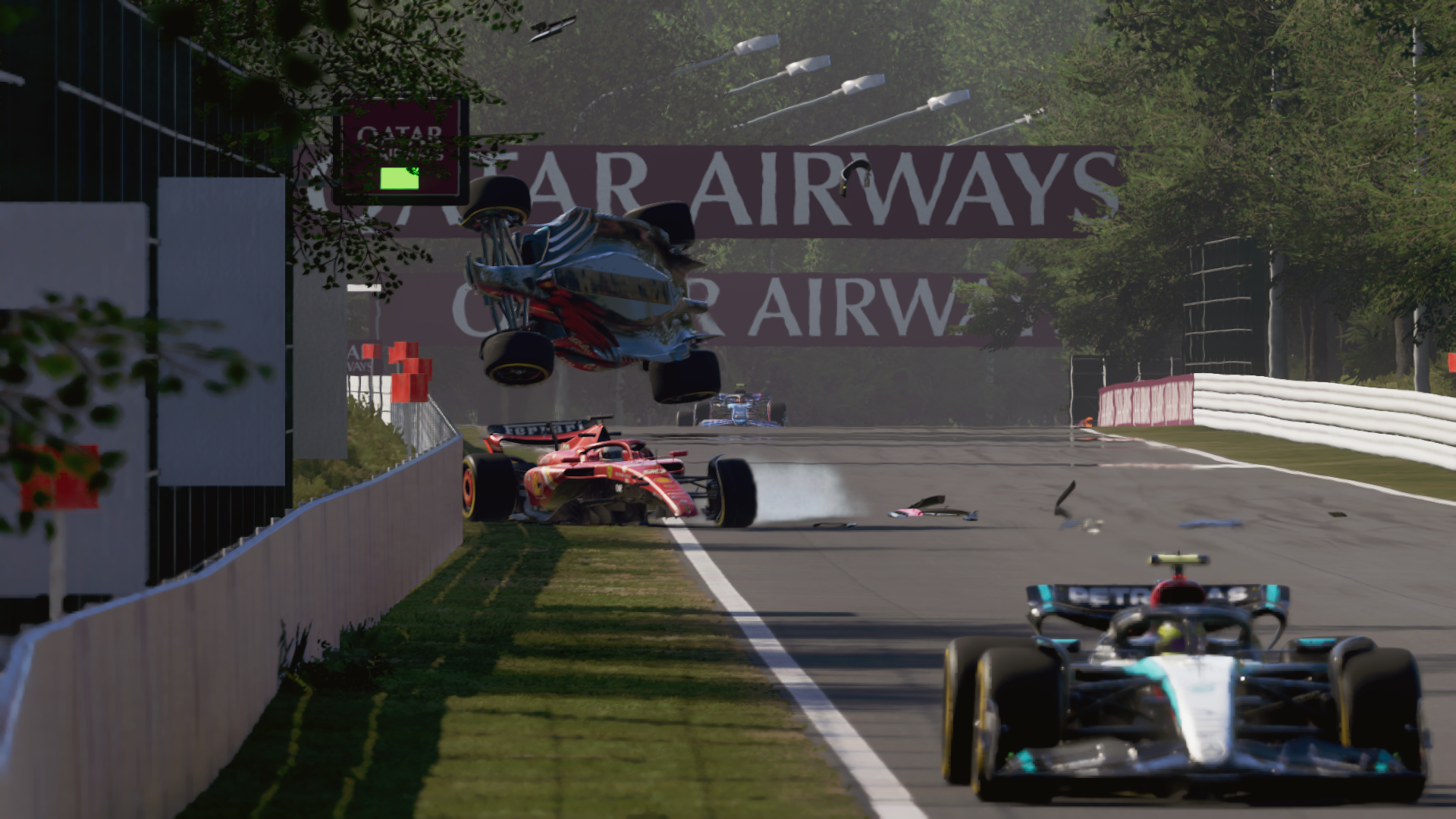 A car crashing and flipping into the air in F1 24.