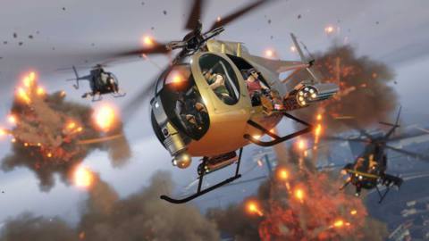 GTA Online promo art for the Gold Buzzard Attack Chopper