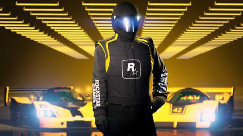 GTA Online promo art for the Rockstar Racing Suit