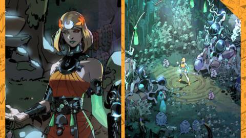 A graphic showing two screenshots from Hades 2 side by side with an orange border. The one of the left is a close of the character art for Melinoe. The one on the right is a screenshot showing the zoomed out perspective for when you fight as her. 