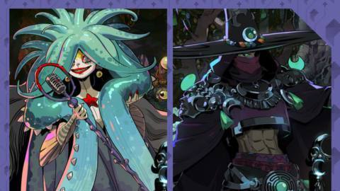 A graphic that contains images of Scylla and Hecate in Hades 2. Scylla looks like a clown-like octopus and holds a microphone. Hecate on the right wears a dark cape, a witch’s hat, and has abs. 