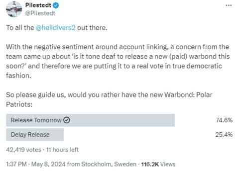 Helldivers 2 CEO is worried it’s ‘too soon’ after the PSN fiasco to release a $10 warbond, so he’s letting players vote on a delay