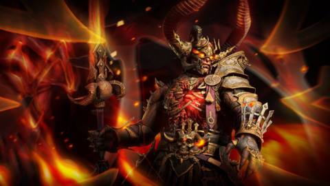 A Diablo 4 hero stands with flaming axe and armor in Loot Reborn