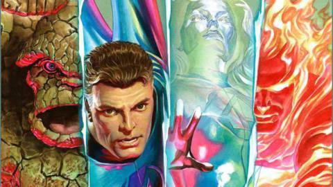 Fantastic Four cover: The Thing, REed Richards, Sue Storm, and Johnny Storm illustrated in Alex Ross’ hyperreal style