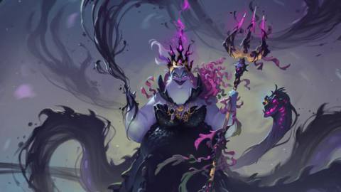 Ursula, resplendent in purple tangles of weird energy, looms over the Illumineers who stand against her reign in Lorcana.