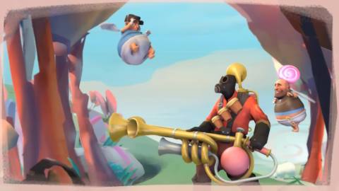 The pyro, heavy, and scout from TF2 in a childish dreamworld