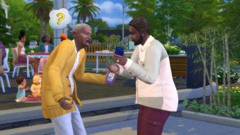 The Sims 4 - An adult Sim shows a Sim elder how to do something on their phone