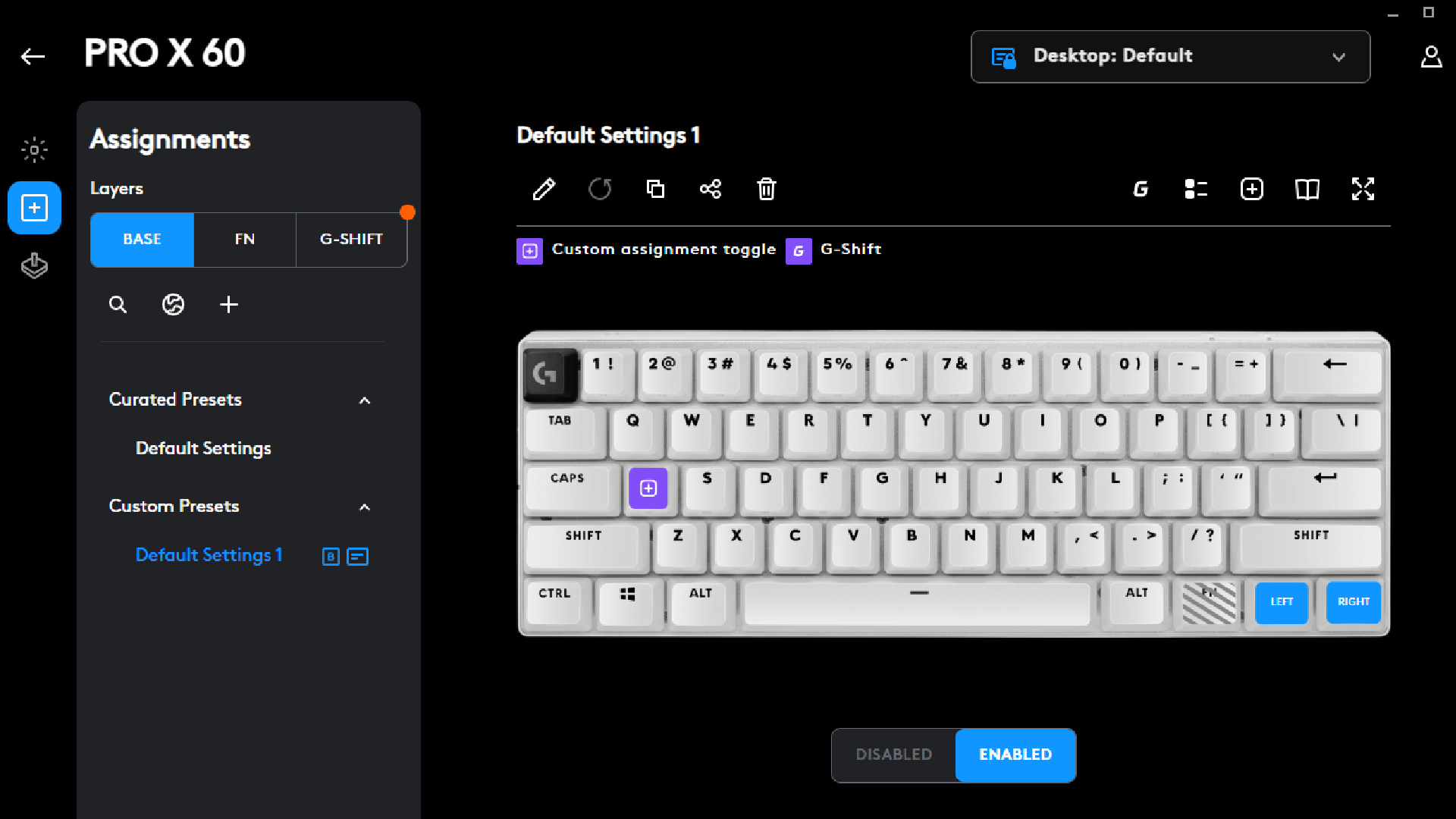 The G Hub interface for the Logitech Pro X60, showing key customisation options