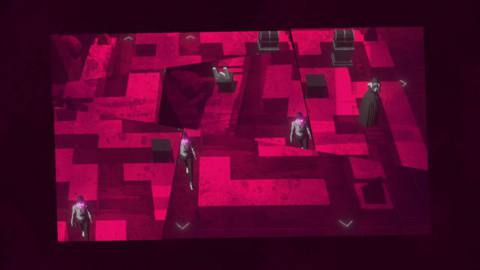 A red maze broken into a bunch of pieces. A woman with glowing pink eyes is scene in most shards.