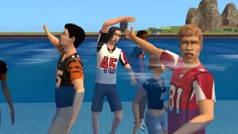 Football fans in The Sims, in a pool, calling out for help