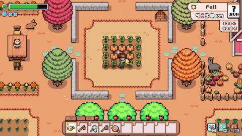Fields of Mistria - a player waters pumpkins in a patch on their farm during autumn
